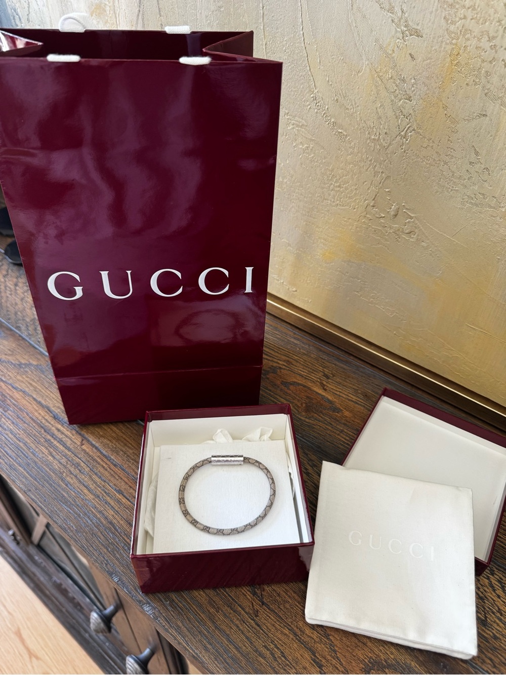 Gucci Burgundy and Silver Logo Bracelet